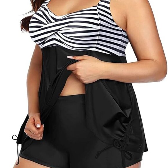 AQUA EVE FLOWY BLACK WHITE STRIPE TWIST FRONT BOY SHORTS TANKINI SET SIZE 18 NWT - Picture 5 of 8
